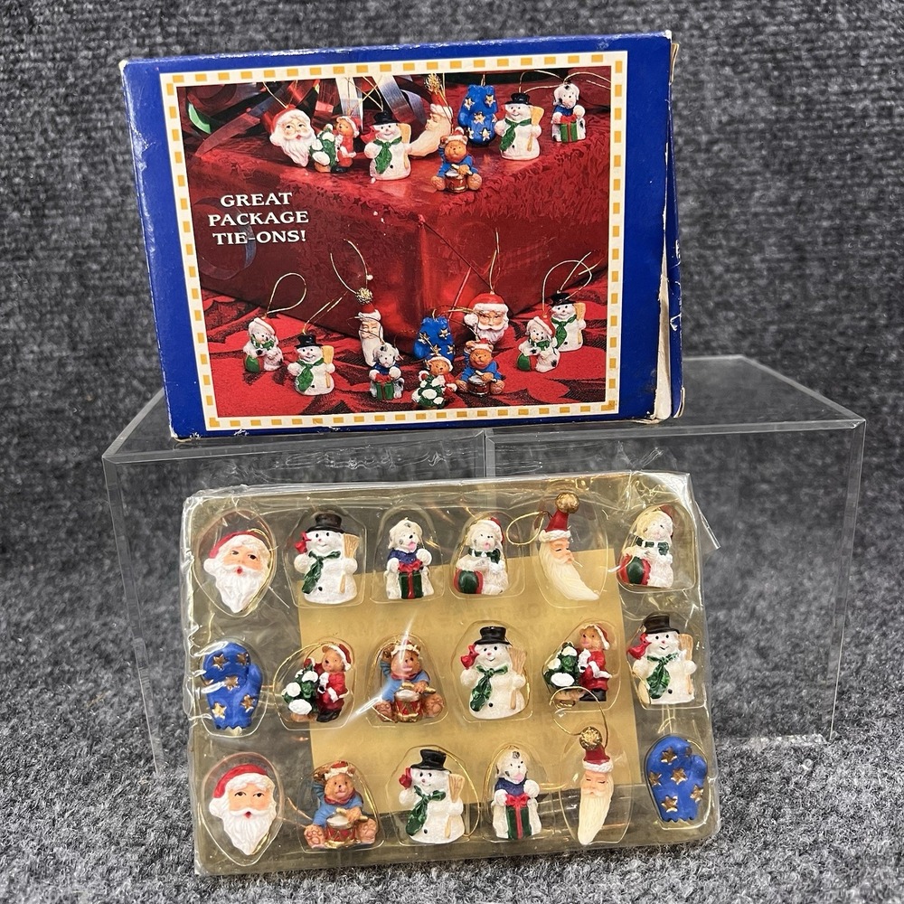 18 Mini 3/4" Christmas Ornaments - Bag Present Tie-Ons Santa Puppy Snowman Bear